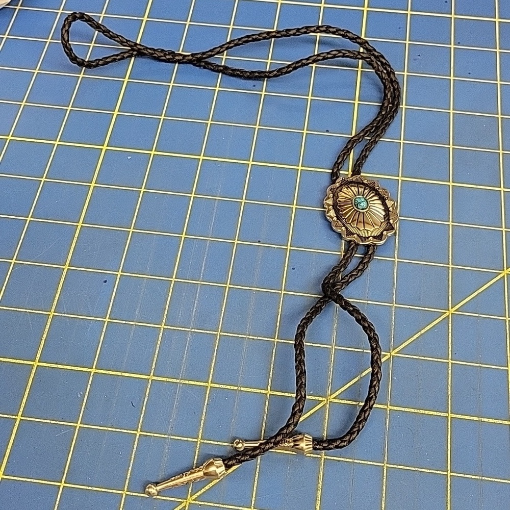 Bolo Oval Silver Tone Turquoise Accent Black Braided Pleather